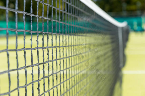 在草地球场的背景上关闭网球网
