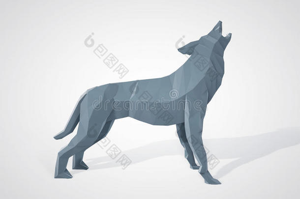 折纸狼嚎的三维插图。 多边形狼的侧面视图。 几何风格的灰狼。 三角狼。