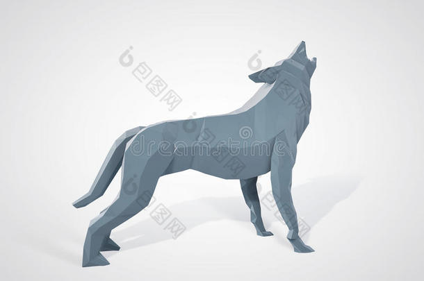 折纸狼嚎的三维插图。 多边形狼的侧面视图。 几何风格的灰狼。 三角狼。
