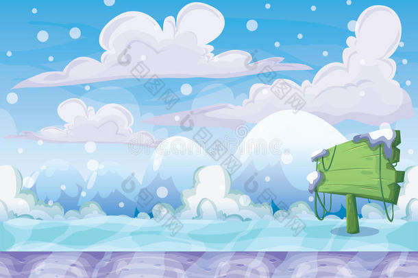 卡通矢量雪景观背景，分层游戏和动画