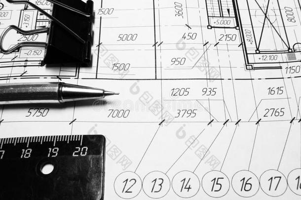 工程图纸。 工厂项目。 在Whatman纸上是文具。 技术主题文章站点的背景
