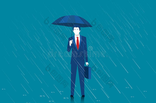 拿着伞的商人。站在雨中的男人。大雨，雨，暴风雨。现代男士一套时髦的西装，带着优雅的雨伞。