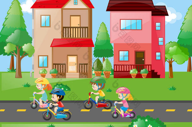 孩子们在附近骑自行车