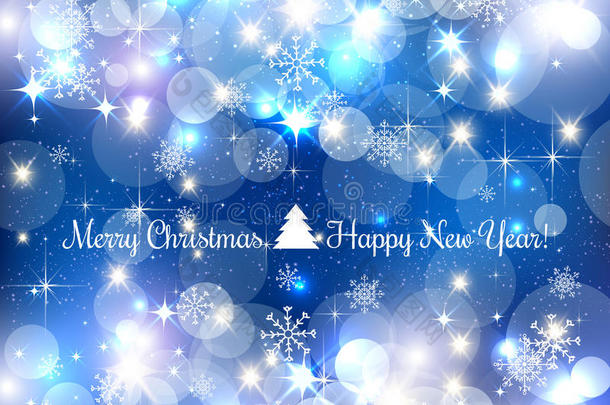 蓝色快乐的圣诞背景与银色雪花，光，星星。 矢量插图。 圣诞节