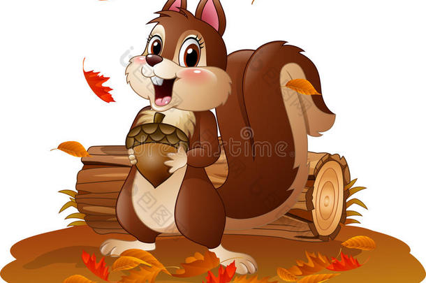 卡通有趣的松鼠在秋天的天气里拿着松果