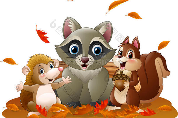 卡通有趣的浣熊，刺猬和松鼠在秋天的天气