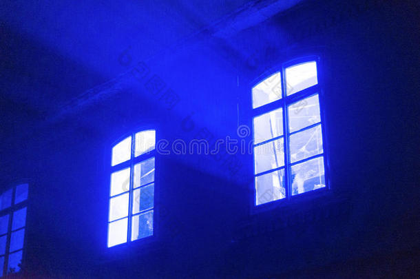 蓝色投影仪在夜晚，在树上，透过窗户