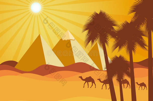 沙漠中的埃及金字塔。 沙漠里的骆驼。 矢量背景。