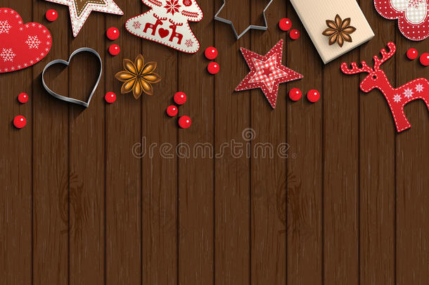 圣诞节背景，斯堪的纳维亚风格的小装饰品躺在棕色的木制背景上，插图