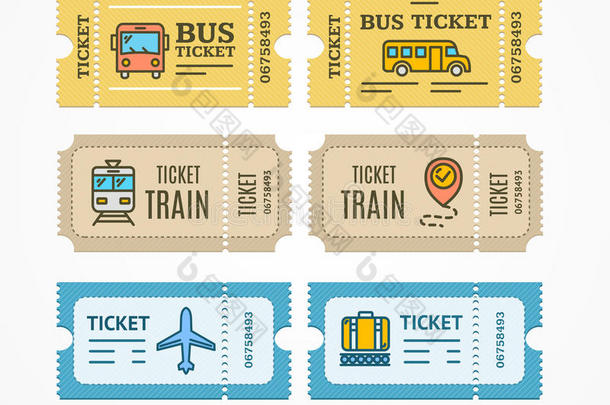 公共汽车火车票平面图标。 矢量