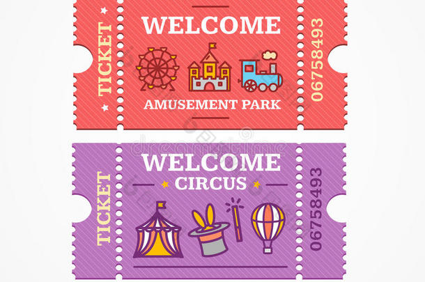 马戏团和游乐园门票平面图标集。矢量