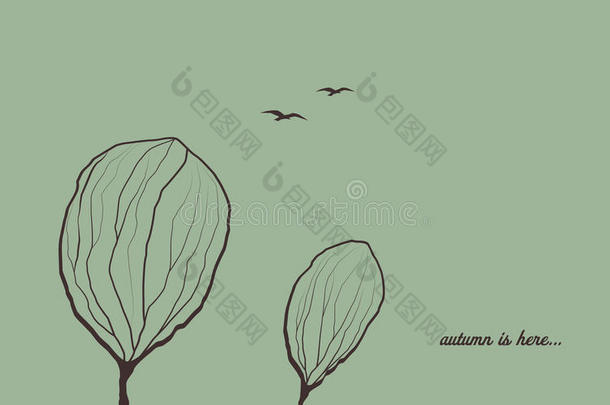 秋天的背景，树在风中。 忧郁的情感符号矢量壁纸。 鸟儿在天空中飞翔。