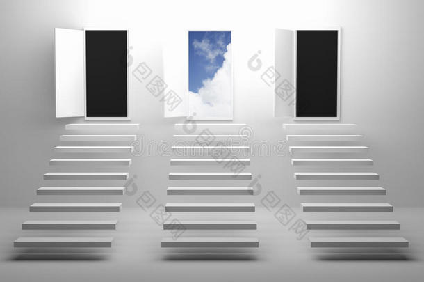 三维渲染：插图三个楼梯或台阶上到门靠白色墙壁和地板，打开门到蓝天和楼梯