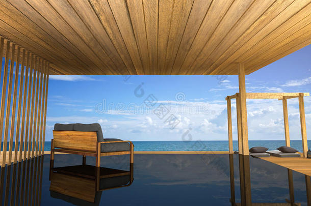 三维渲染：现代木沙发室内装饰插图，阳台室外木房风格与阳台