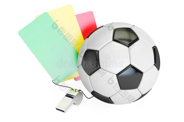 足球概念与绿色，红色，<strong>黄色卡</strong>和哨子。 三维再