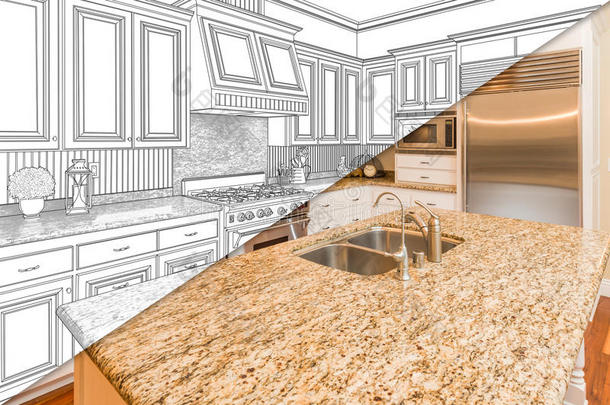 新厨房图纸和照片的对角线分割屏幕