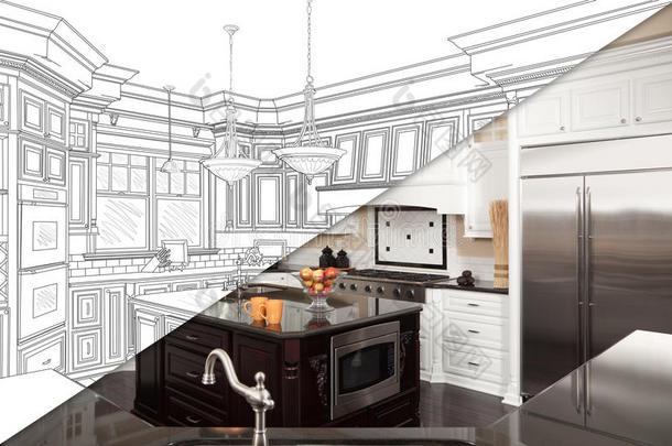 新厨房图纸和照片的对角线分割屏幕