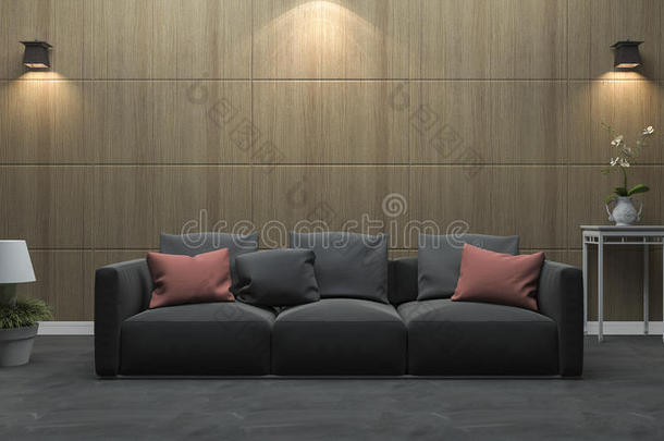 三维渲染层压板<strong>墙壁客厅</strong>与美丽的彩色沙发
