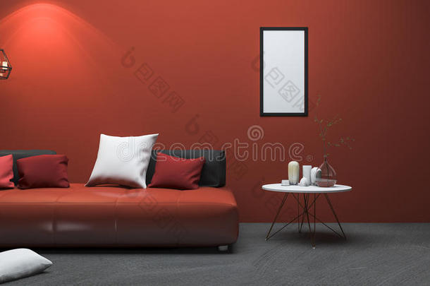 三维渲染红色现代风格的客厅与良好的装饰
