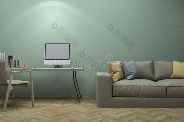 三维渲染良好的复古绿色客厅与良好的设计家具