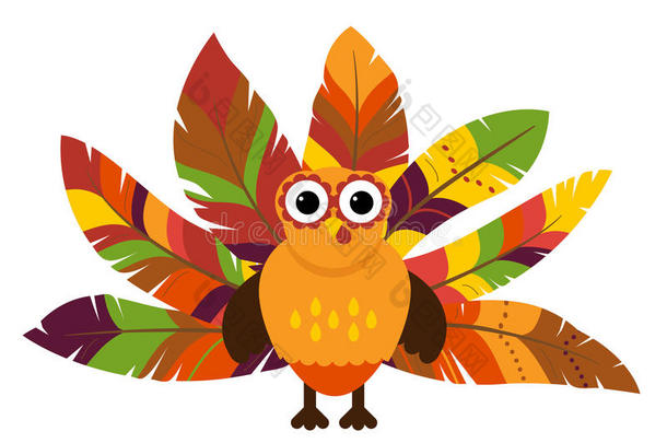 可爱的矢量火鸡，五颜六色的羽毛作为感恩节