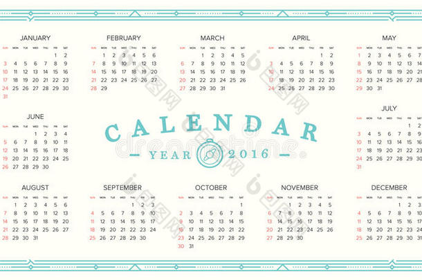 2016年日历。 摘要。 一周从星期天开始