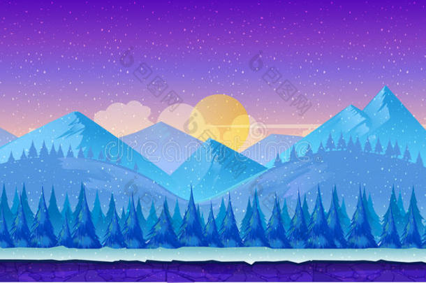 冰雪多云的卡通冬季景观。矢量自然游戏背景。