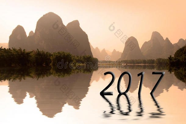 2017年写在中国风景日落，亚洲2017年新年概念