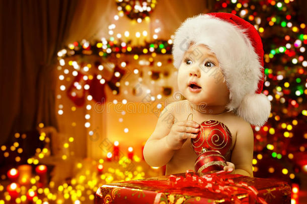 圣诞宝宝开幕礼物，快乐的孩子圣诞帽，圣诞礼物