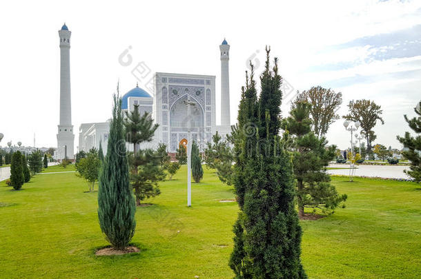 绿色冷杉树在背景清真寺<strong>未成年人</strong>在乌兹别克斯坦塔什干多云天气
