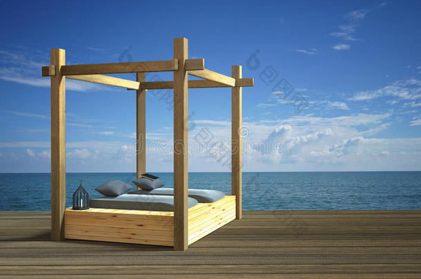 三维渲染：现代木制海滩休息室装饰在阳台户外木制房间风格与日光浴在海景