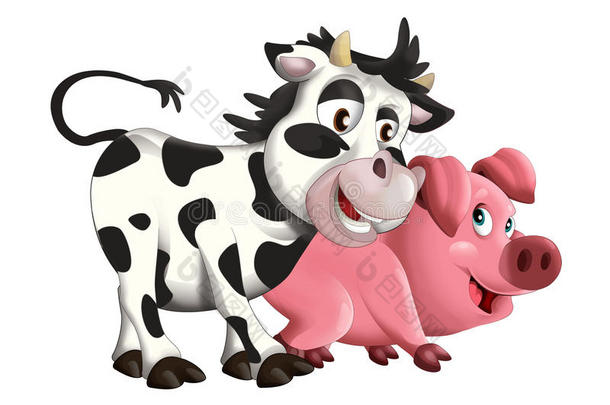 卡通快乐的小母<strong>牛</strong>和猪-