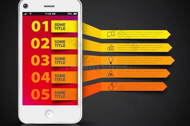 商业信息图形折纸风格矢量插图。 一、二、三、四、五行设计，深色版本，智能手机图标