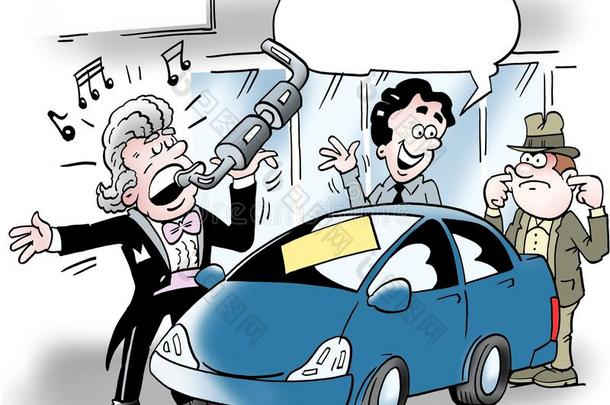 卡通插图的汽车推销员谁唱到汽车排气