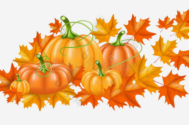 秋天的黄色，橙色的南瓜和明亮的落叶在白色的背景上。 海报、卡片、标签的矢量插图