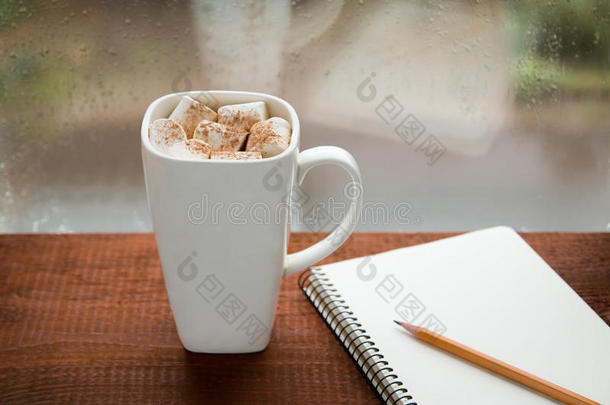 咖啡加棉花糖和笔记本