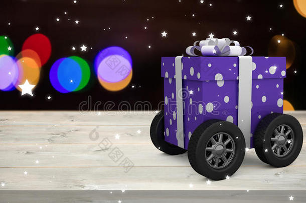 紫色的复合图像，用圆点礼品盒包裹在车轮上