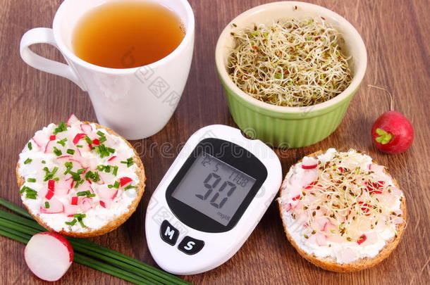 血糖仪，新鲜三明治与蔬菜和热茶，健康营养