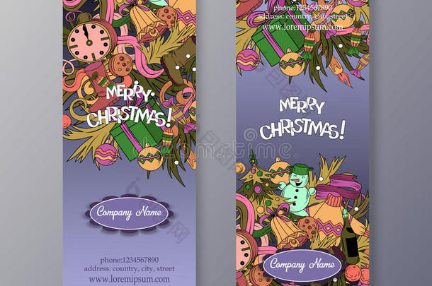 卡通可爱的彩色矢量手绘涂鸦快乐圣诞节季节。 两个垂直传单设计。