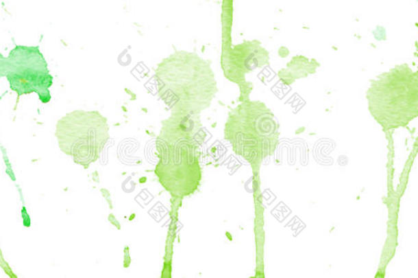 白色<strong>背景</strong>上的绿色水彩飞溅和斑点。 <strong>水墨</strong>画。
