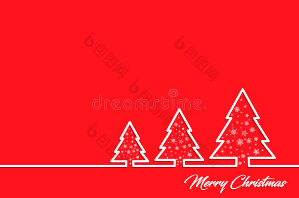 创意贺卡为新年和圣诞假期，在红色背景，白色轮廓圣诞树。 矢量图形。