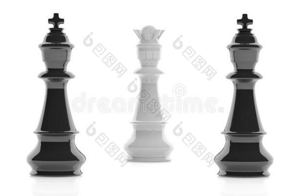 三维渲染两个国际象棋国王和一个女王在白色背景
