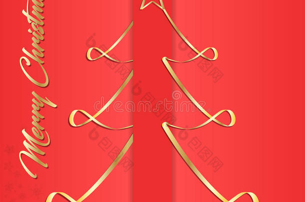 创意贺卡新年和圣诞假期，在红色背景，金色圣诞树。 矢量图形。