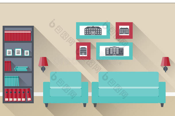 扁平的室内客厅。 矢量。