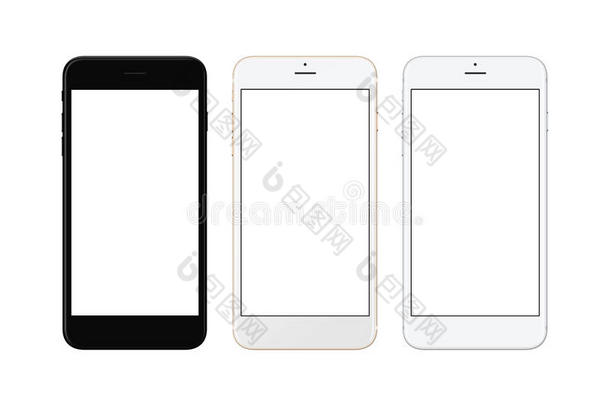黑色、白色、银色和白金智能手机隔离。 模拟的白色屏幕