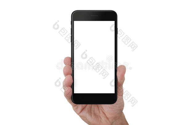 手显示黑色手机与孤立的白色屏幕模拟