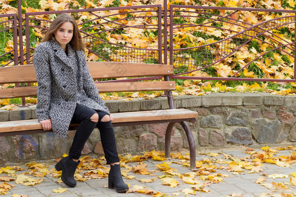 美丽的<strong>甜美女</strong>孩，穿着大衣的大悲伤的眼睛坐在长凳上，秋天在落叶中，秋天明亮