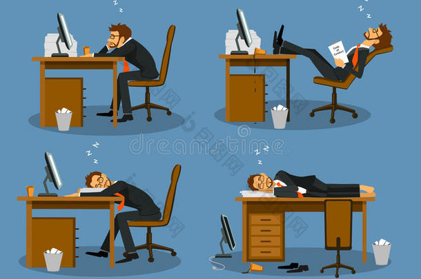 商人无聊、疲惫、疲惫地睡在办公室场景中。