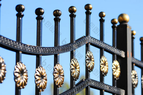 美丽的锻造栅栏。 装饰铸铁栅栏的形象。 金属栅栏
