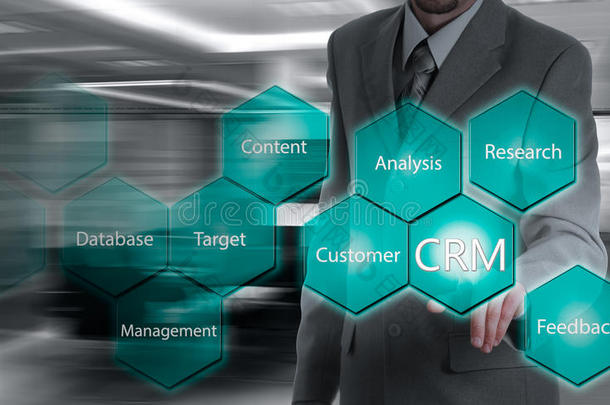 商业、技术、互联网和客户关系<strong>管理理念</strong>。 商人按虚拟CRM按钮